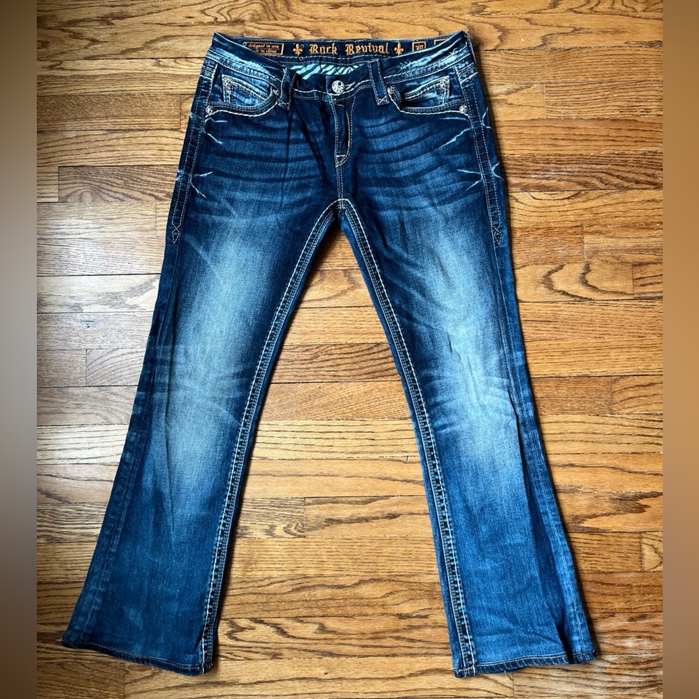 Rock Revival Leah Boot Womens Jeans Denim Blue Size 30 Y2K Low Rise Fleur de Lis